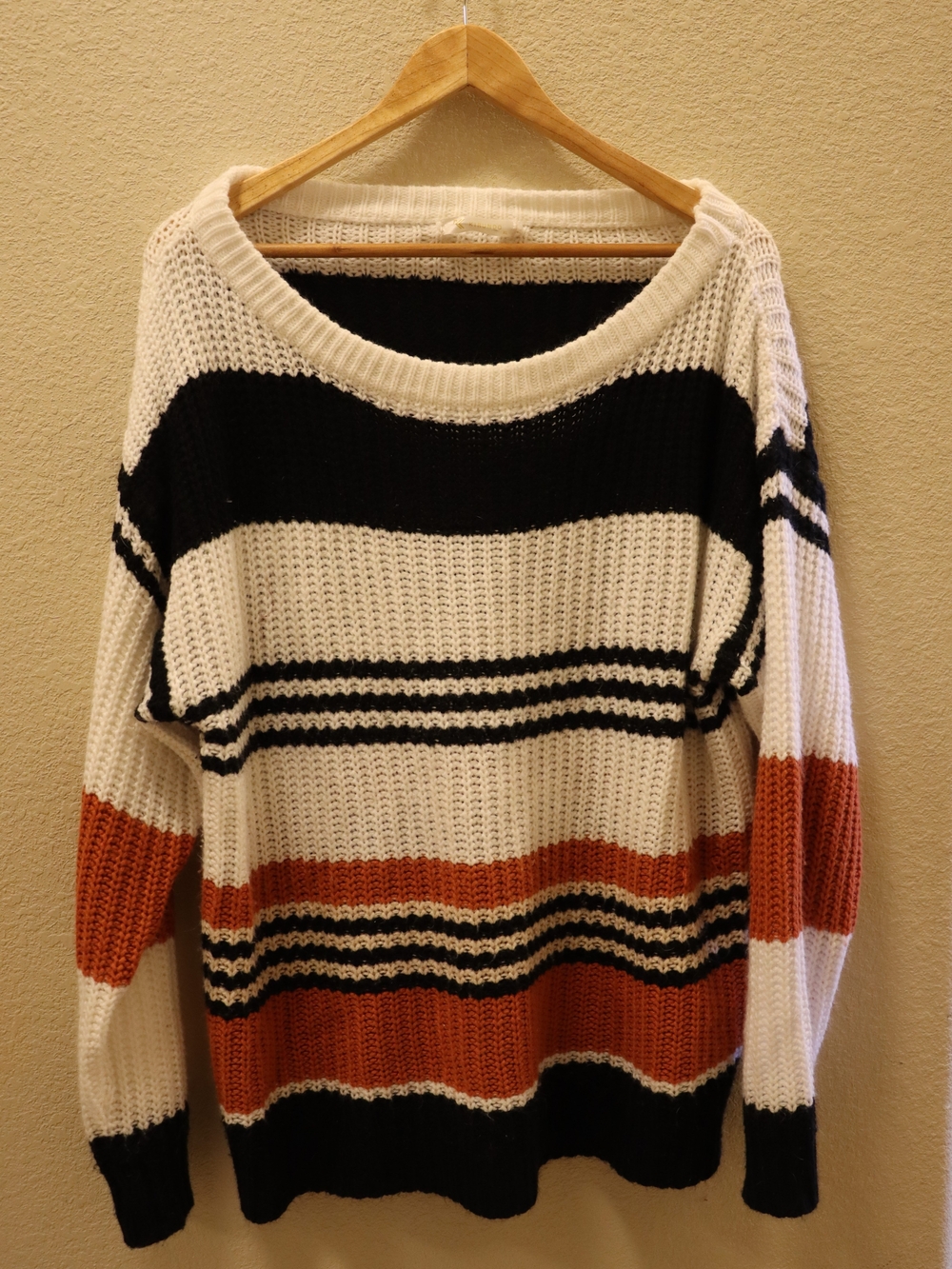Striped Knit Pullover Sweater in White, Black & Rust